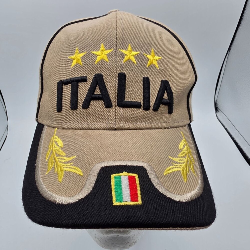 Italia Adults Beige Black Baseball Cap Stars Laurel Leaves Flag Adjustable